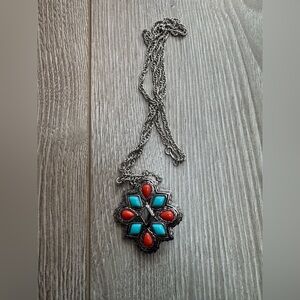 Vintage Faux Turquoise Coral Jewelry American Spirit Brooch Necklace Silver